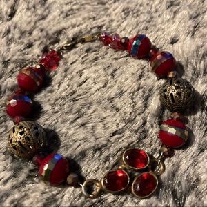 Red AB Cut Faceted Glass Bracelet w/ Brass Accents